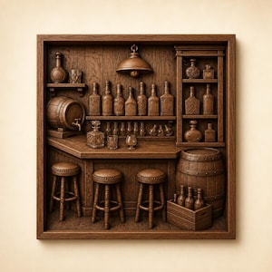 May include: A square wooden wall art piece featuring a detailed relief carving of a bar scene. The scene includes a counter, three stools, shelves filled with various glass bottles and decanters, a wooden barrel with a tap, and a crate of bottles.
