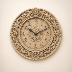 May include: A round wall clock with a beige finish featuring an ornate, raised acanthus leaf border. The clock face displays black Arabic numerals from 1 to 12, a central floral relief pattern, and two slender black hands indicating the time.