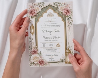 Plantilla de invitación islámica para Nikkah / Invitación de boda musulmana en Canva / Tarjeta de recepción floral para Walima / Descarga digital
