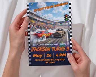 Invitación de cumpleaños con temática de coches de carreras / Plantilla para fiesta infantil de carreras (Descarga digital)