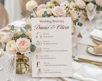 Plantilla editable de itinerario de boda en Canva / Letrero minimalista de línea de tiempo / Programa de eventos imprimible / Descarga instantánea