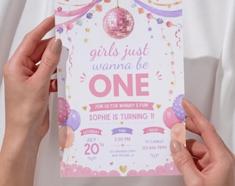 Invitación de cumpleaños "Girls Just Wanna Be One" / Primer cumpleaños con temática disco rosa (Descarga digital)