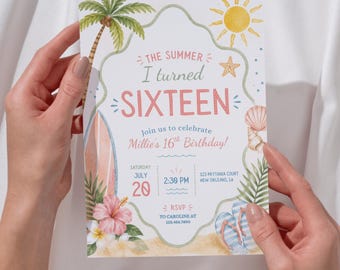 Invitación de cumpleaños de 16 años en la playa / Plantilla para fiesta veraniega en la costa (Descarga digital)
