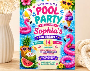 Invitación a fiesta en la piscina / Fiesta de cumpleaños de verano para niñas en la piscina (Descarga digital)