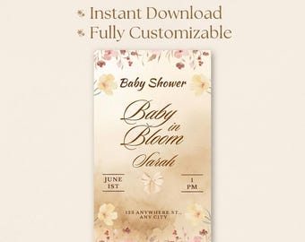 Invitación para baby shower "Baby in Bloom" / Plantilla editable de Canva con diseño floral (descarga digital)