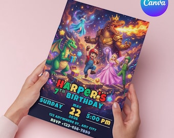 Invitación de cumpleaños con temática de videojuegos espaciales / Plantilla para fiesta infantil galáctica (Descarga digital)