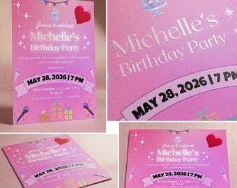 Plantilla de Canva para invitación de cumpleaños Kpop / Invitación rosa para fiesta infantil (descarga digital)