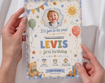 Invitación de primer cumpleaños para niño / Plantilla de Canva "Diversión al cumplir un año" (Descarga digital)