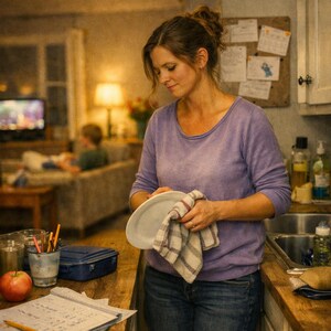 Puede incluir: Una mujer con una camisa morada y vaqueros seca un plato blanco con un paño de cocina a cuadros. La imagen incluye el texto: "I carry the quiet responsibilities that never get thanked."
