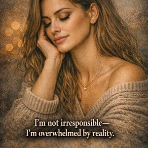 May include: A portrait of a woman with long, wavy brown hair, wearing a beige sweater and a delicate gold necklace with a pearl pendant. The image includes the text "I'm not irresponsible—I'm overwhelmed by reality."
