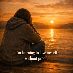 May include: A person in a hooded sweatshirt sits on a wooden dock, gazing at a sunset over the water. The image has warm tones of orange and brown. Text reads, "I'm learning to love myself without proof."