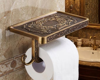 Antique Brass Toilet Roll Holder with Shelf | Vintage Bathroom Accessory | Wall Mounted Looroll Loo
