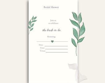Bearbeitbare Brautpartyeinladung, botanische grüne Blätter, druckbare PDF, Sofort-Download, minimalistische Hochzeit