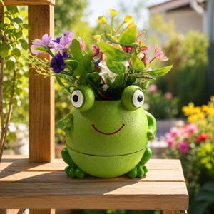May include: A round, bright green frog-shaped planter featuring large white eyes with black pupils and a thin red curved mouth. The planter is filled with a variety of artificial flowers in shades of purple, pink, white, and yellow with green leaves.