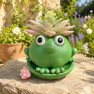 Grumpy Green Frog Planter on Lily Pad | Resin Succulent Pot | Cute Animal Desk Decor | Unique Plant Lover Gift | Fairy Garden Kawaii Decor