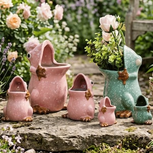 Keramisk grodplanteringsset, söt rosa och grön grodkruka, suckulentplanter för älvträdgård, kawaii trädgårdsdekor, inflyttningspresent