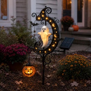 May include: A black metal garden stake featuring a crescent moon frame illuminated with small stars and moons. A white ghost figure hangs in the center, while a small orange jack-o'-lantern lantern drapes from the bottom. Includes a solar panel.