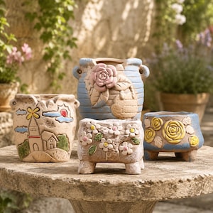 May include: A collection of four ceramic planters with distinct designs. One features a large pink rose, another a landscape with a windmill, one a tree with white flowers, and the last displays yellow roses on a blue background.