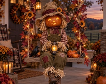 Lighted Halloween Scarecrow Swing Decor, Hanging Porch Pumpkin Decoration, Autumn Maple Leaf Garland, Fall Front Door Display