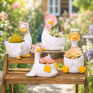 May include: A collection of four white goose-shaped planters with yellow beaks and feet. Each goose wears a different colored bonnet or hat, including pink and yellow. The planters hold various small green and pink succulent plants.