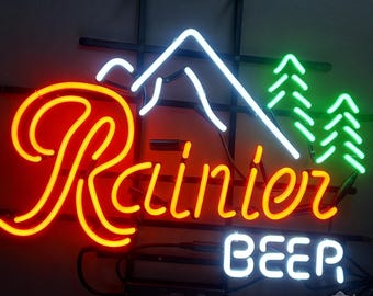 Rainier Beer Neon Sign, Beer Bar Decor, Man Cave Sign, Home Bar Wall Decor, Garage Bar, Mountain Cabin Decor Wall Art 19"x14"