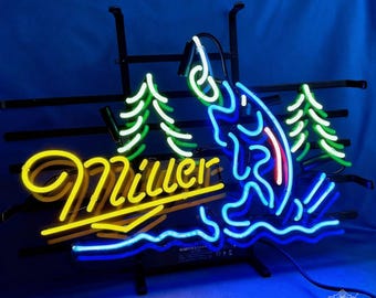 Retro Fishing Beer Neon Sign Cabin Bar Wall Light Man Cave Lodge Decor Classic Beer Script Neon Lake House Bar Sign Personalized gift19"x14"