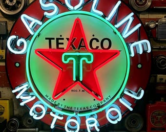 Vintage Texaco Gasoline Motor Oil Neon Sign Retro Gas Station Decor Wall Art Wall Hanging Sign Custom Personalized Gift 24x24inch