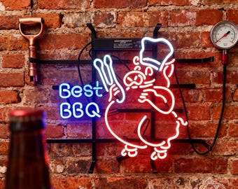 BBQ Leuchtschild, Lustige Grill Chef Schwein Wanddeko, Patio Bar Küche Smokehouse Geschenk, Personalisierte Wanddeko