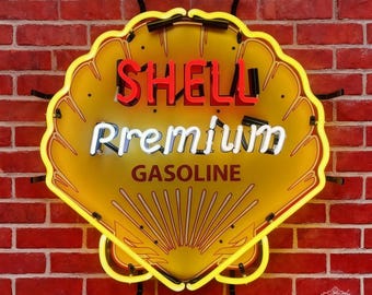 Shell Gasoline Neon Sign – Vintage Real Glass Garage Decor, Premium Petrol Station Wall Light, Retro Man Cave Bar Sign 24x24 inch
