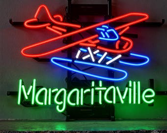 Margaritaville Airplane Real Glass Personalized Neon Vibrant Island Vibes Beer Bar Decor for Bar Vintage Sign Bar Decor Wall Art 19"x17"