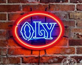 OLY Neon Sign Vintage Beer Light Glass Bar Wall Decor Retro Man Cave Pub Sign Olympia Style Collectible Home Bar Decor Wall Art 24"x20"