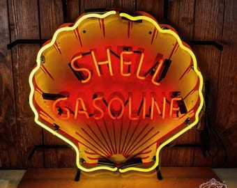 Shell Gasoline Neon Sign, Vintage Gas Station Wall Decor, Garage Bar Sign, Retro Petrol Pump Man Cave Decor Wall Art 24x24inch