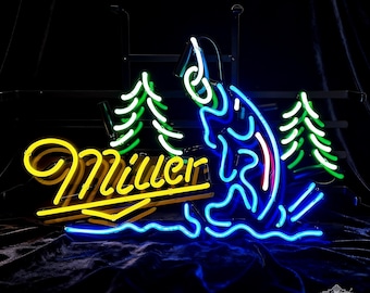 Fishing Beer Neon Sign Lite Style Bar Wall Decor Cabin Man Cave Neon Light Retro Lake Bar Sign, Vintage Pub Neon Personalized gifts 21"x16"