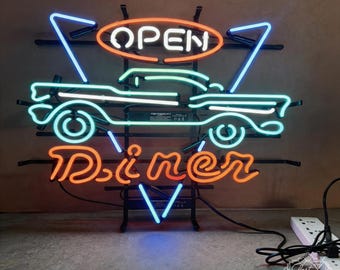 Retro Diner Sign, Open Classic Car Wall Decor, 50s Style Bar Sign for Restaurant, Garage, Home Bar, Man Cave Decor Wall Art 25x22inch