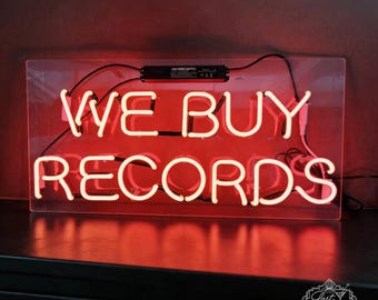 WE BUY RECORDS Neon Light – Vinyl Shop Window Neon, Record Store Decor, Music Room Wall Sign, Retro Glass Neon Bar Display 19"x10"