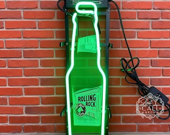 Letrero de neón con forma de botella de cerveza Rolling Rock – Lámpara de bar de cristal auténtico para cueva de hombre, decoración de pared de pub, letrero de cerveza vintage, lámpara con forma de botella de 43 x 13 cm.