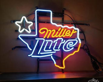 Miller Lite Texas Neon Sign, Beer Bar Wall Decor, Vintage Man Cave Sign for Garage, Pub, Game Room Decor Wall Art Personalized gifts 21"x20"
