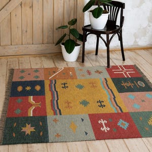 Patchwork Kilim Rug – Handmade Wool Jute Rug, Bohemian Area Rug, Southwestern Flatweave Rug, Tribal Geometric Runner Rug, Rustic Indian Rug