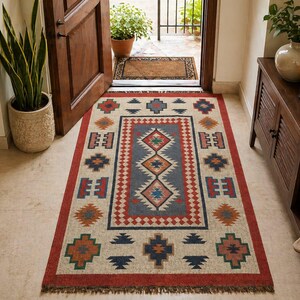 Kelimtapijt groot oppervlak: handgemaakt platgeweven woon-/slaapkamertapijt, rood Marokkaans navajo-tapijt, vintage