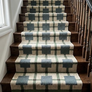 May include: A long stair runner rug featuring a repeating grid pattern of dark teal squares connected by thin green lines on a cream-colored background. The runner has a textured weave and is finished with fringe at both the top and bottom ends.