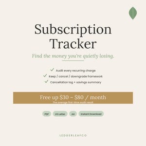 以下が含まれることがあります： 「Subscription Tracker」というタイトルのクリーム色のグラフィック。キャッチコピーは「Find the money you're quietly losing.」 繰り返し発生する料金の監査、キャンセル/ダウングレードフレームワーク、および節約の概要が含まれています。「月額3,900円～10,400円節約」とPDF、US Letter、A4、インスタントダウンロードのオプションが含まれています。