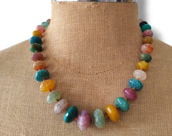 Vintage Multicolor Agate Necklace – Large Faceted Gemstone Beads – Boho Statement Jewelry