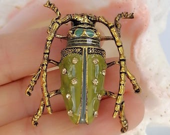 Antique Style Crystal Beetle Brooch Pin Costume Jewelry