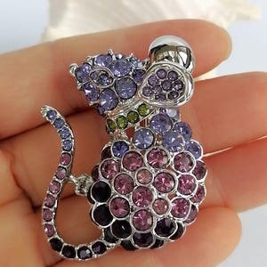 May include: A silver-toned mouse brooch encrusted with purple, pink, and green rhinestones. The brooch features a detailed design with a rounded body, a long tail, and a small, shiny silver head.