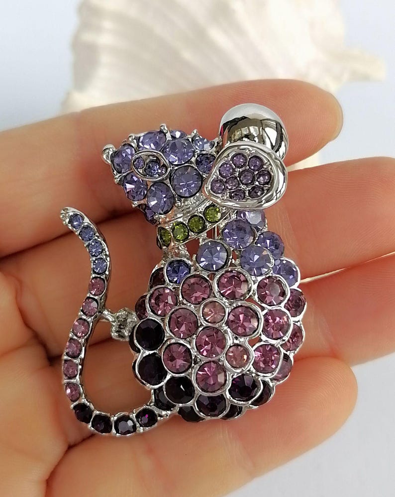 May include: A silver-toned mouse brooch encrusted with purple, pink, and green rhinestones. The brooch features a detailed design with a rounded body, a long tail, and a small, shiny silver head.