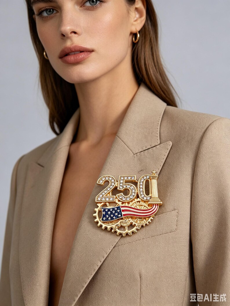 May include: A gold-toned brooch with the number "250" encrusted with rhinestones, an American flag, and a gear design. The brooch is pinned to a tan blazer.