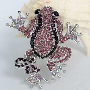 K&ouml;nnte beinhalten: Silberfarbene Froschbrosche mit rosa und lila Kristallen. Der Froschk&ouml;rper ist mit kleinen, runden Kristallen bedeckt, mit schwarzen Kristallen f&uuml;r die Augen. Die Brosche hat ausgestreckte Arme und Beine, vor wei&szlig;em Hintergrund.