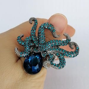 Anello regolabile con polpo e strass in cristallo - Taglia unica - Gioiello di tendenza
