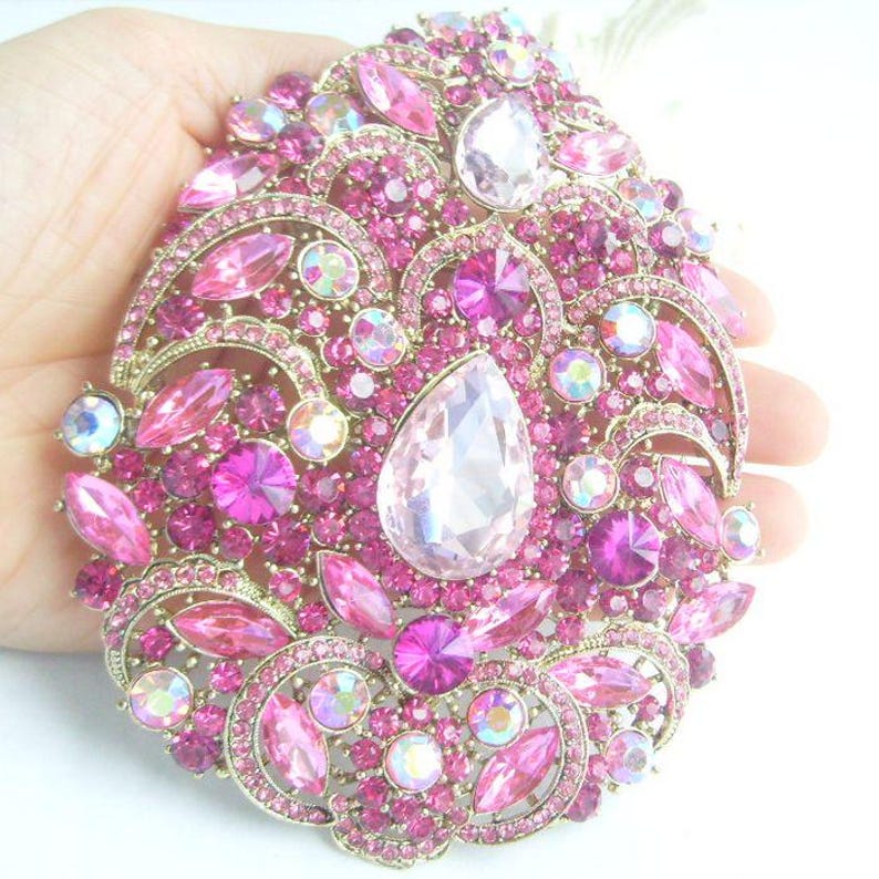 Rhinestone Crystal Large Heart-shaped Teardrop Brooch Pin Prom Wedding Costume Jewelry Gold-tone Pink