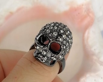 Rhinestone Crystal Skull Ring Statement Gothic Jewelry